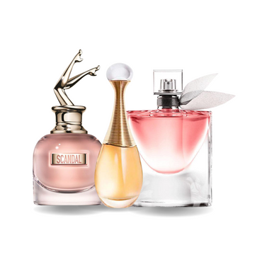Pack of 3 100 ml perfumes: Jean Paul Gaultier SCANDAL, Dior J'ADORE, and Lancôme LA VIE EST BELLE.